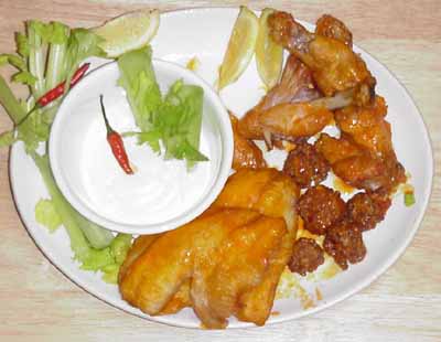 montefin's Buffalo Chicken Wings, Meatalls, and Tilapia