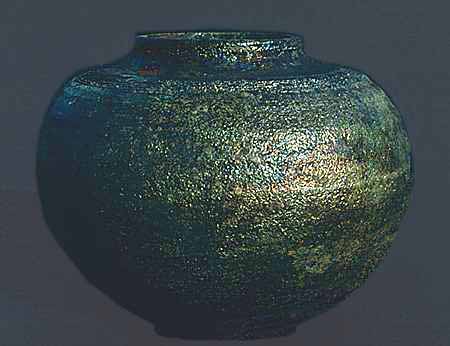 Large raku jar with metallic lustre.