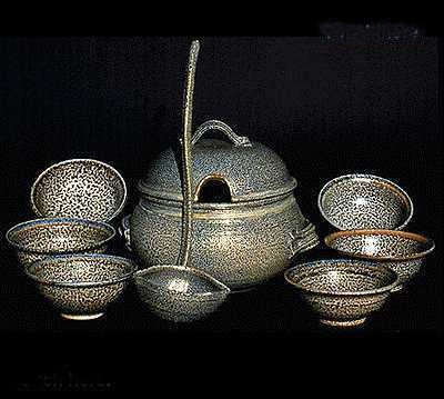 Huge Salt Glaze Ceramic Pottery Soup Tureen, Lid, Ladle, and Bowls set.